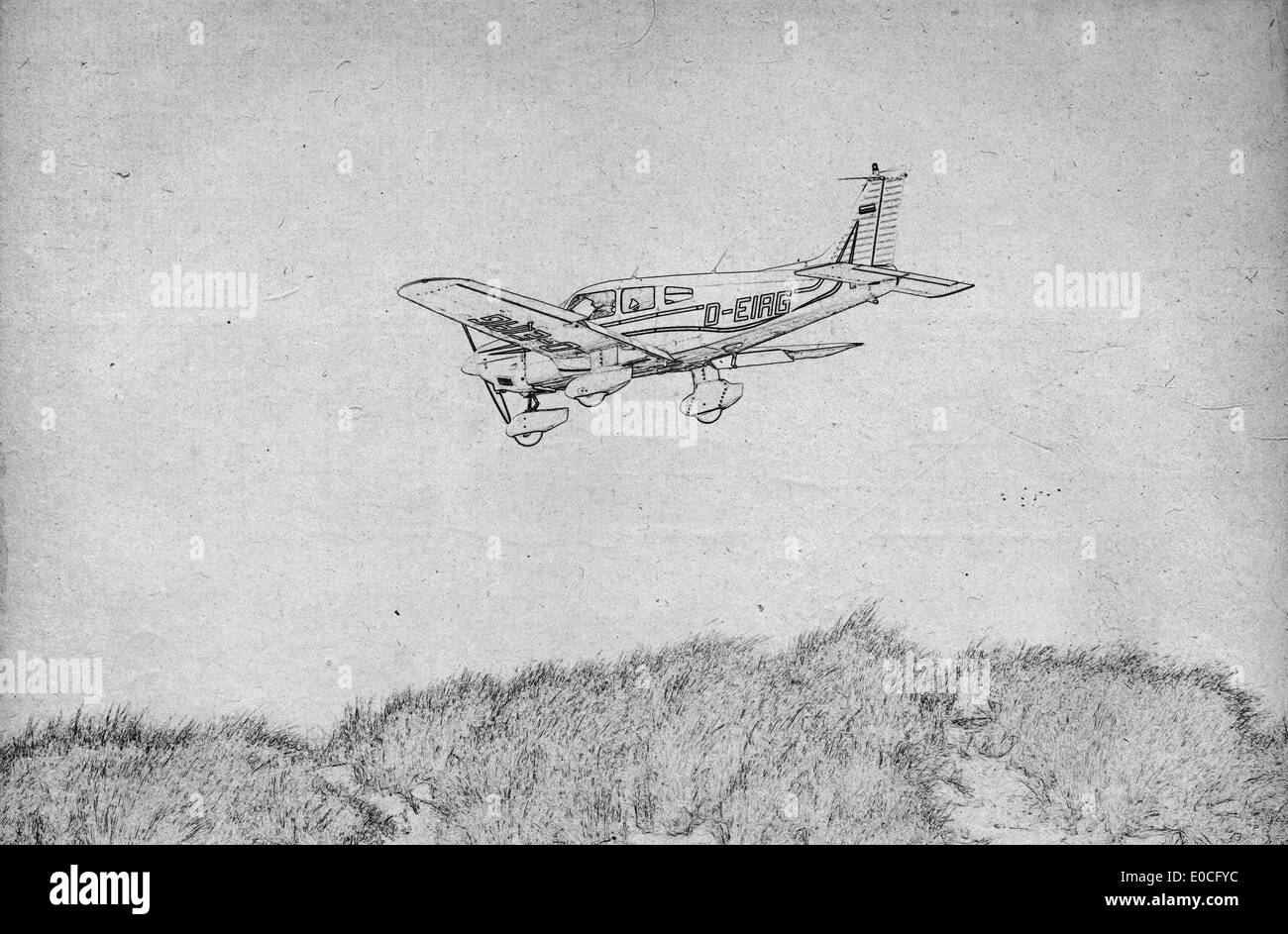 Grungy technical drawing or blueprint illustration on black background  prop airplane Stock Photo