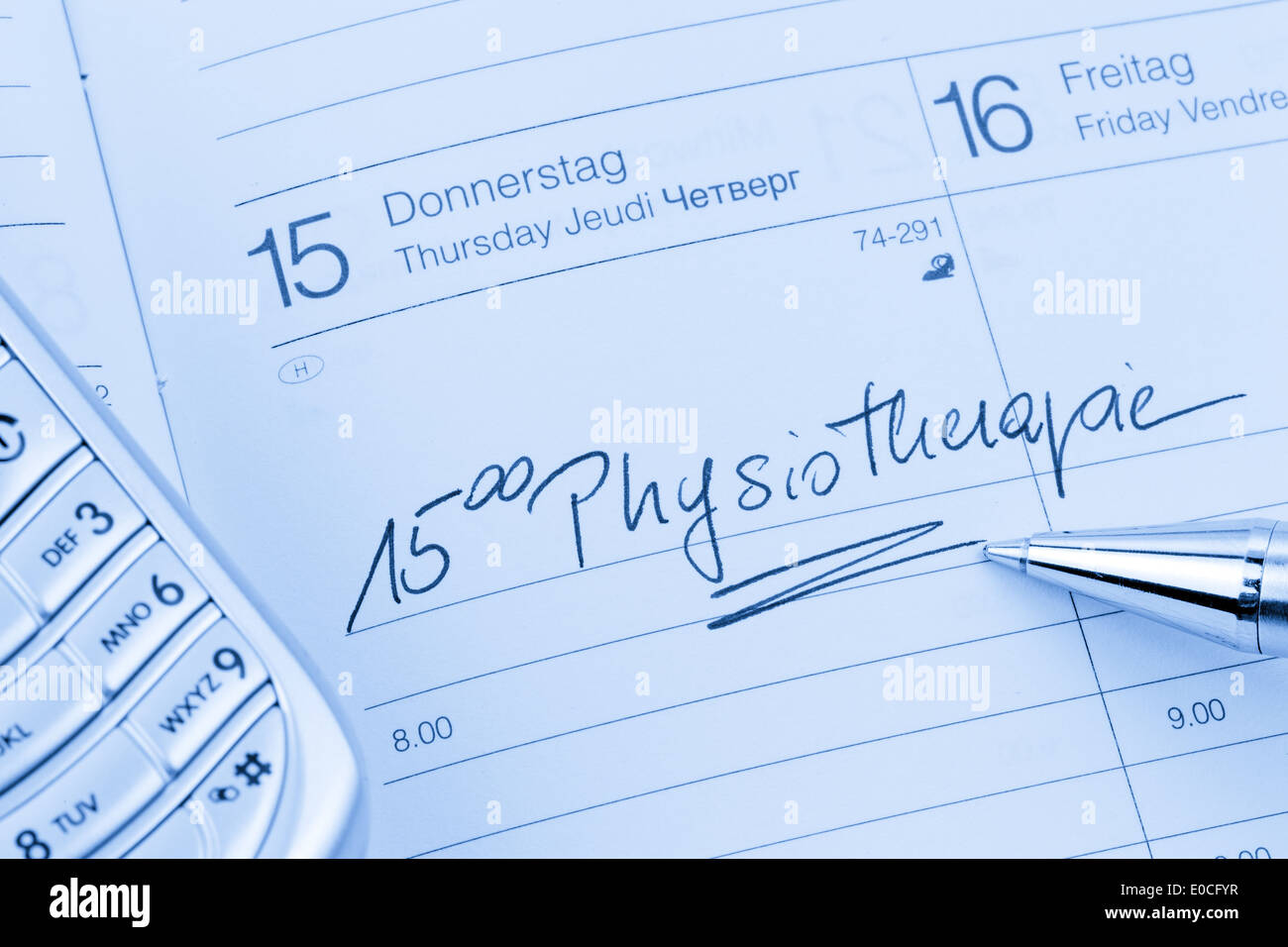 An appointment is put down in a calendar: Physiotherapy, Ein Termin ist in einem Kalender eingetragen: Physiotherapie Stock Photo