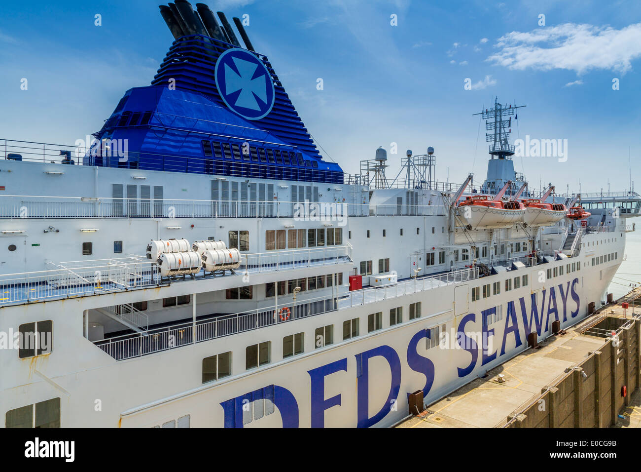 A DFDS cross channel vehicle ferry moored  facing delays ,Dover ferry terminal UK Stock Photo