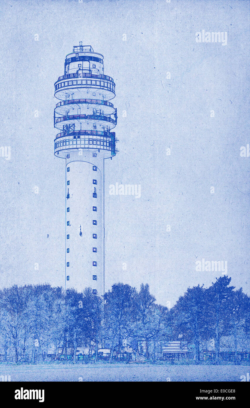 Grungy technical drawing or blueprint illustration on blue background  TV tower Stock Photo