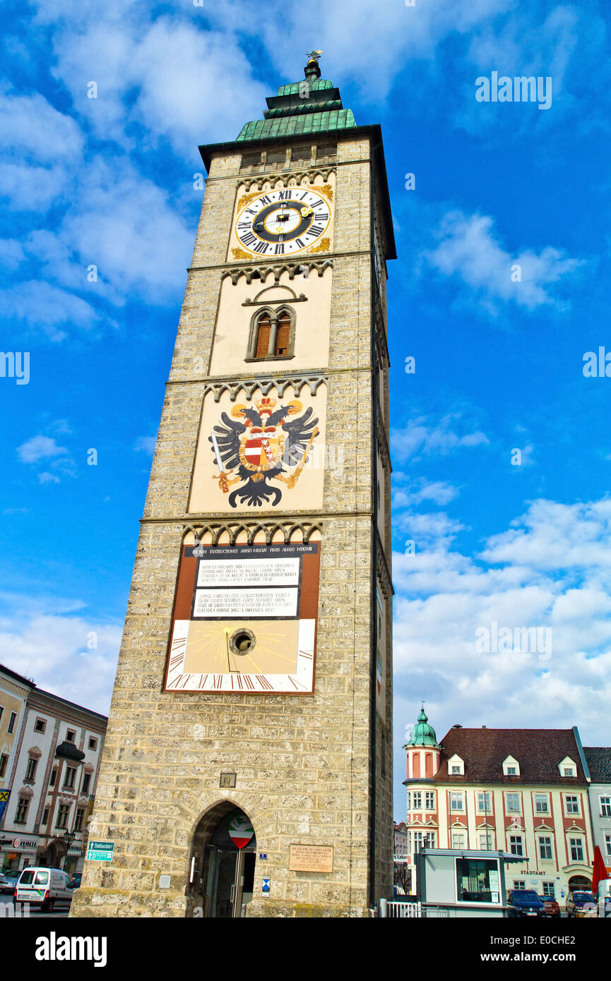 Austria, Enns, the Ennser town tower on the main square Stock Photo