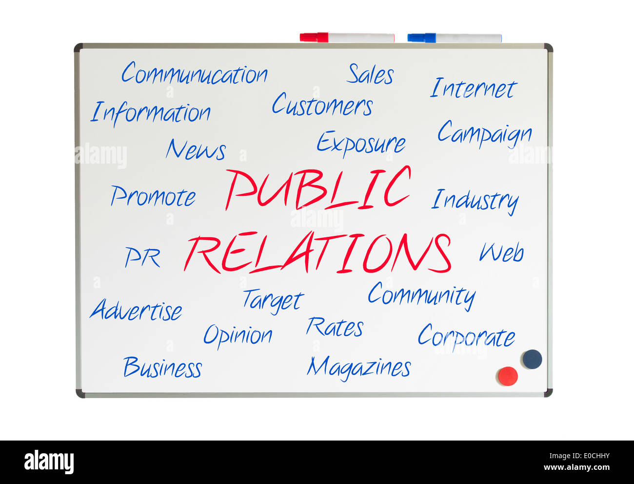 Public Relations word cloud written on a whiteboard Stock Photo