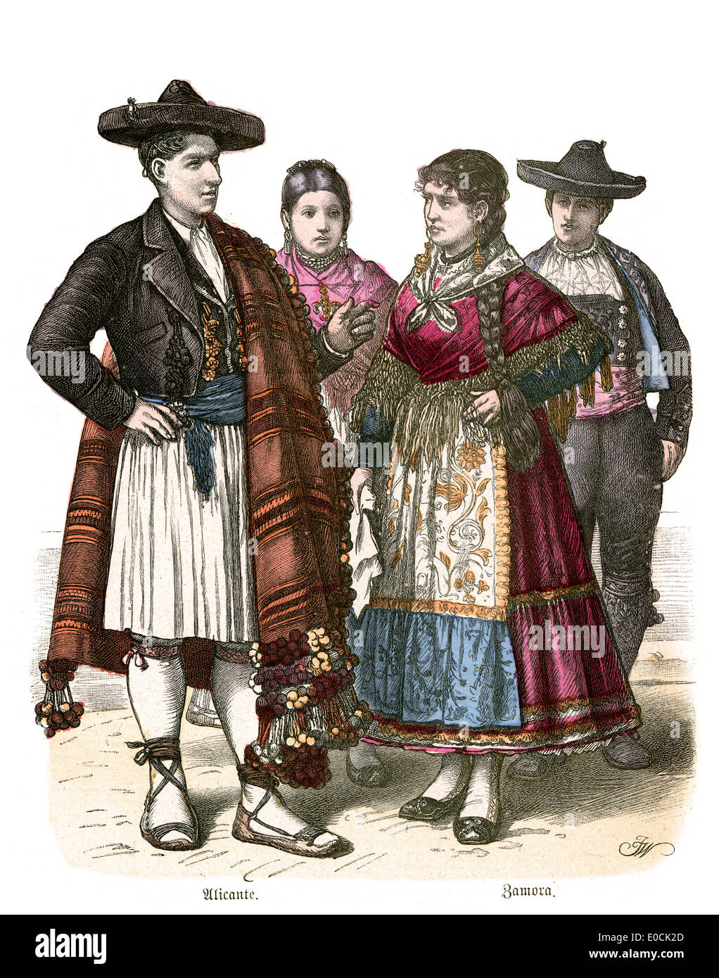 Traditional costumes of Spain and man from Allicante and Zamora, 19th Century Stock Photo