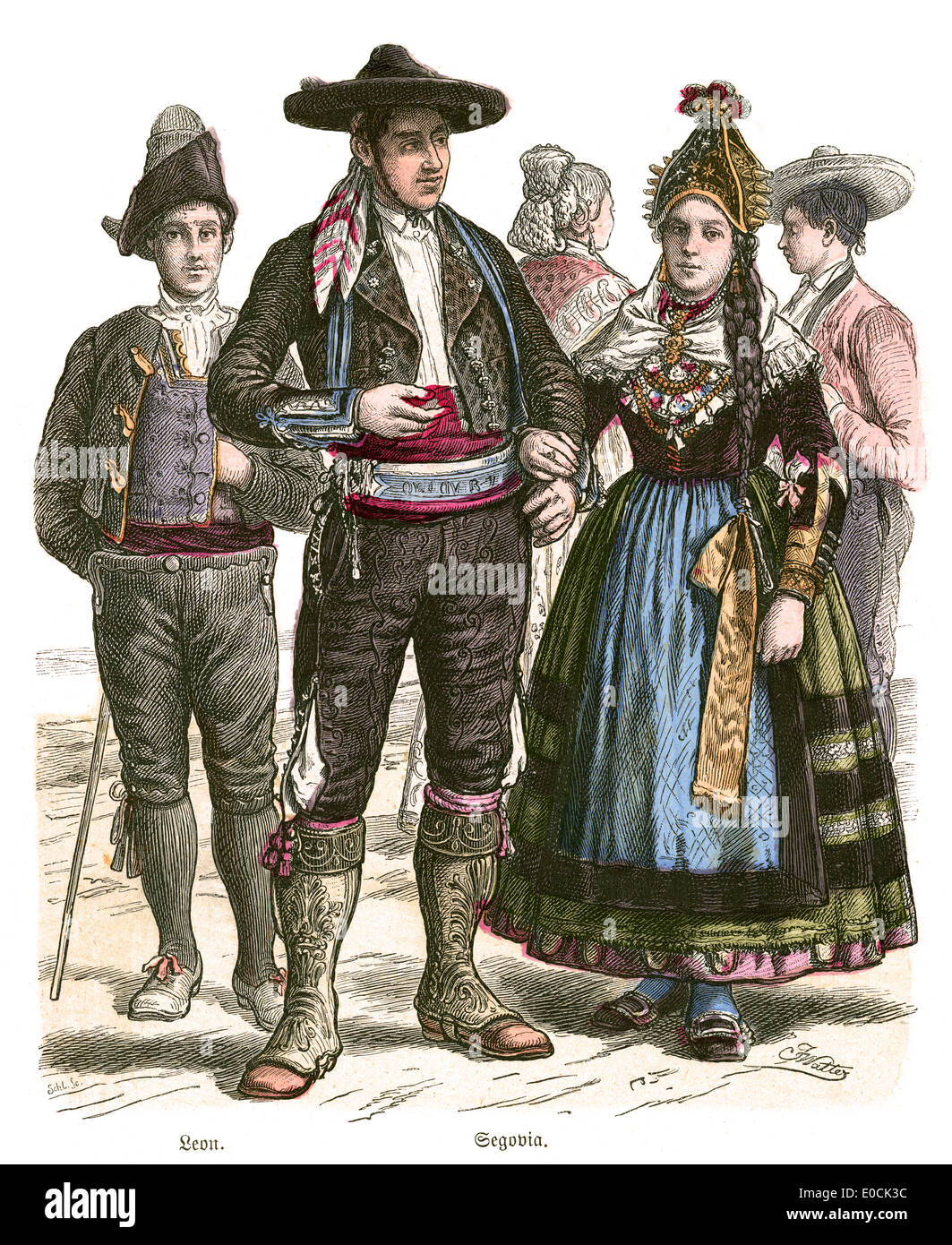 Traditional costumes of Spain from Leon and Segovia, 19th Century Stock Photo