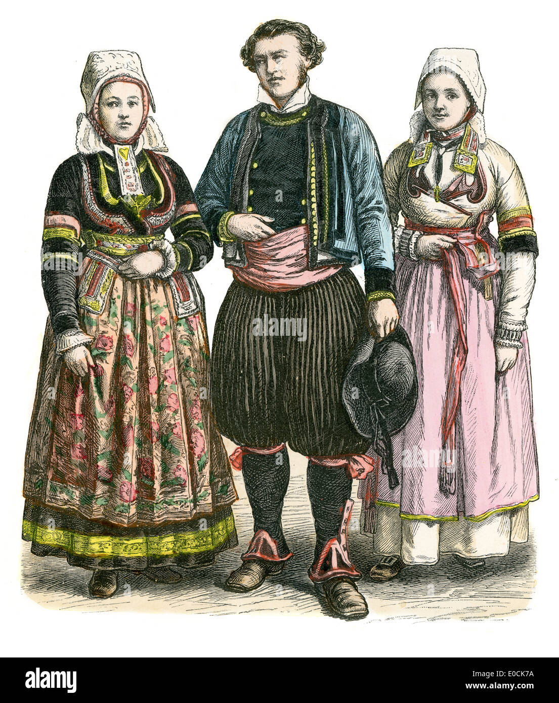Traditional costumes of France. Man and woman of Brittany, 19th Century Stock Photo