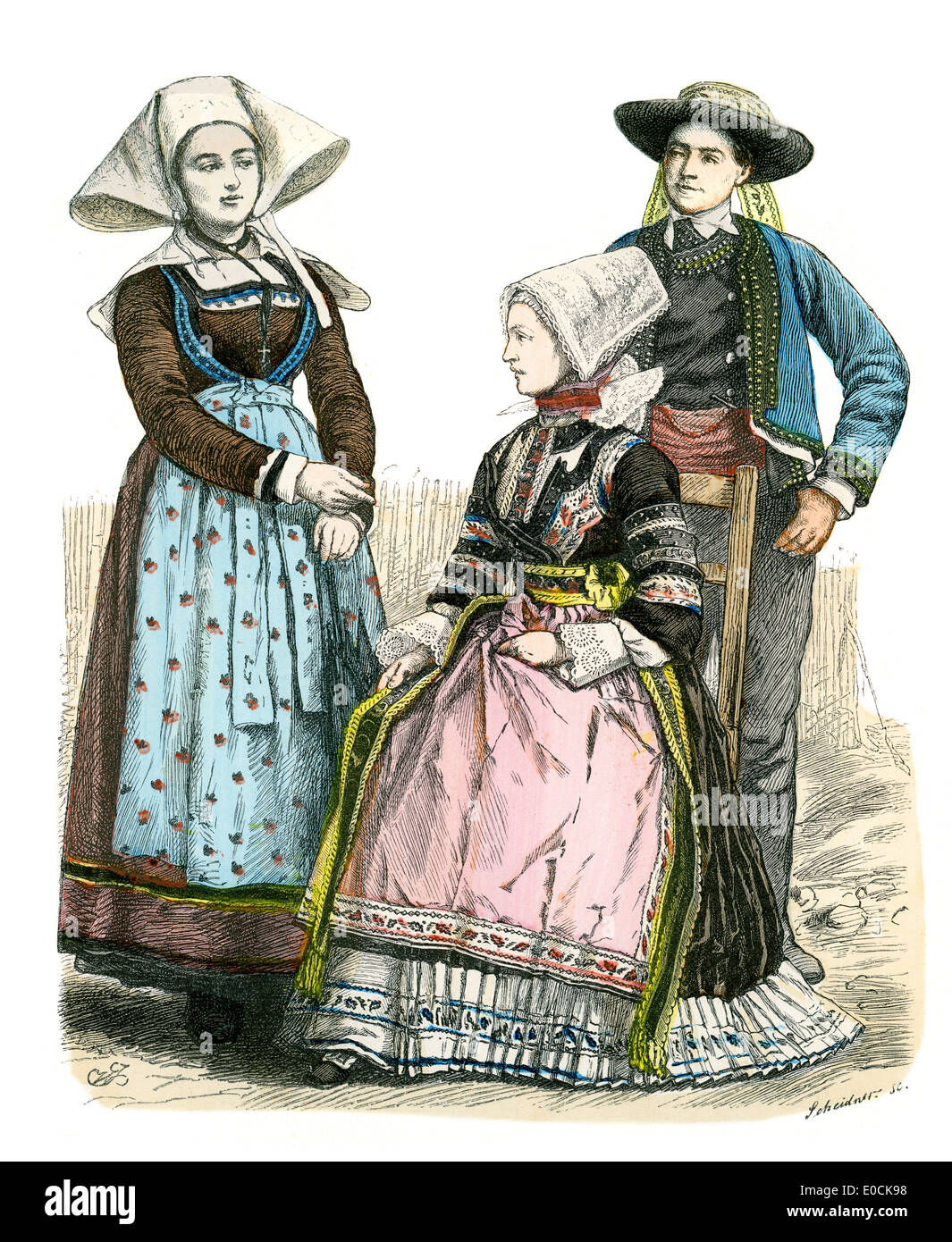 Traditional costumes of France. Man and woman of Brittany, 19th Century Stock Photo