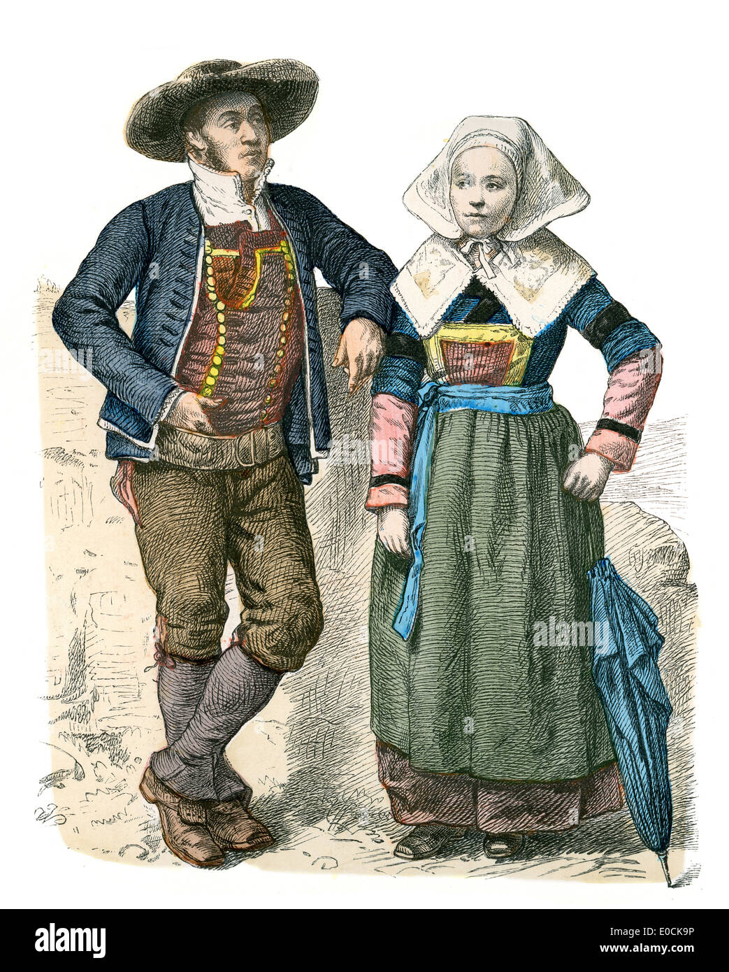 Traditional costumes of France. Man and woman of Brittany, 19th Century Stock Photo