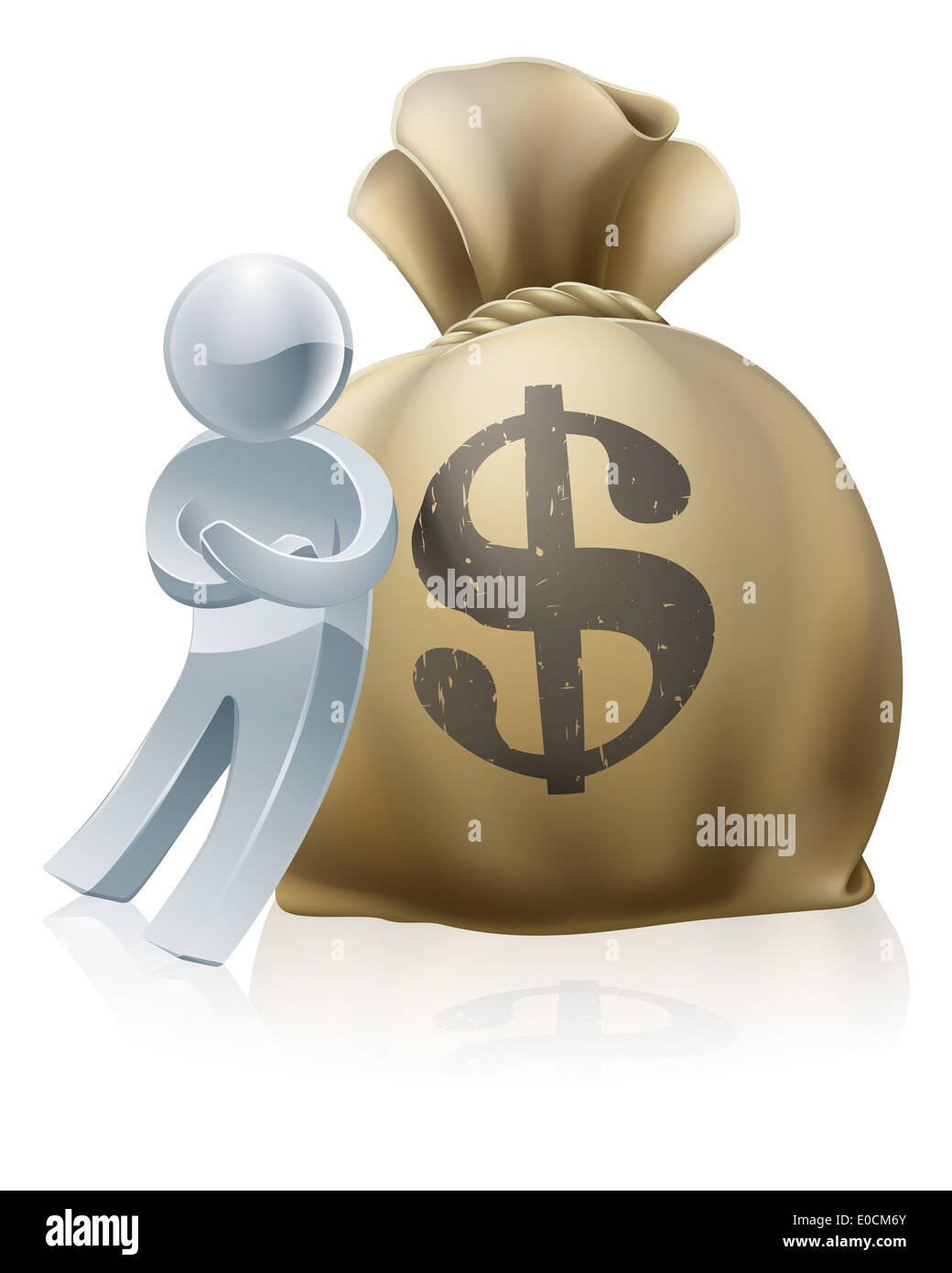 Illustration of a silver mascot person leaning on money sack Stock ...