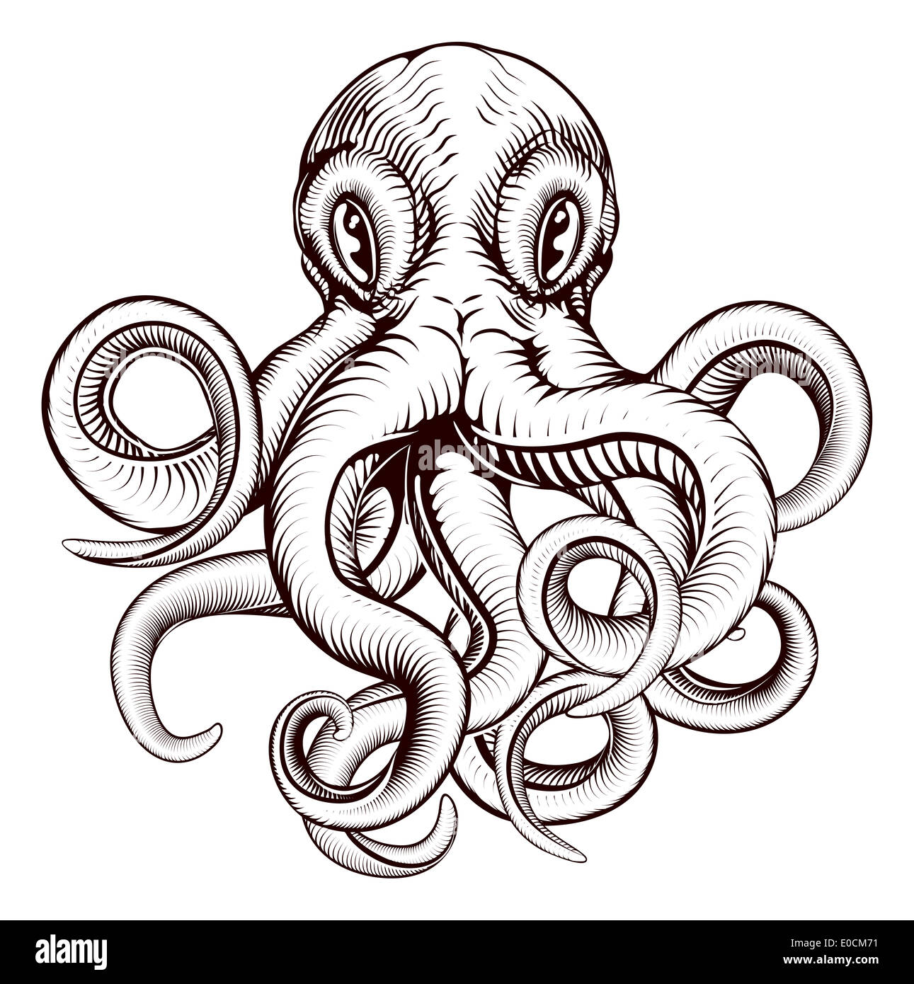 An original illustration of an octopus in a dynamic woodblock style Stock Photo