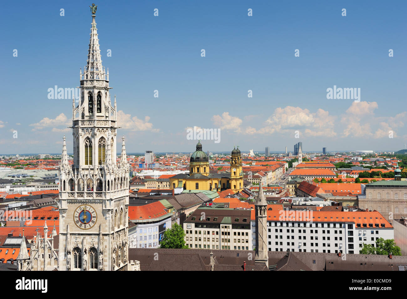 View to city of Munich with town hall Neues Rathaus and church Theatinerkirche, Munich, Upper Bavaria, Bavaria, Germany, Europe Stock Photo