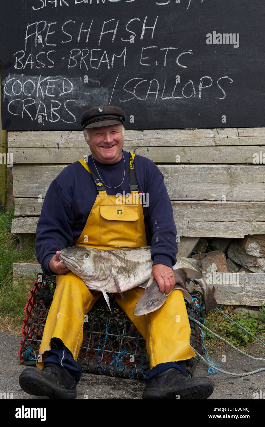 Cornwall, Fisherman, Fish Trader, Shark, Cod, Fish for Sale, Cornish Fisherman, Selling Fish, Sustainable, Happy Stock Photo