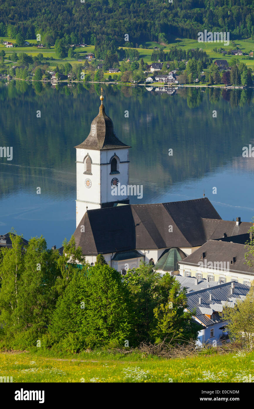 View of a steeple, St. Wolfgang at lake Wolfgangsee, Salzkammergut, Upper Austria, Austria, Europe Stock Photo