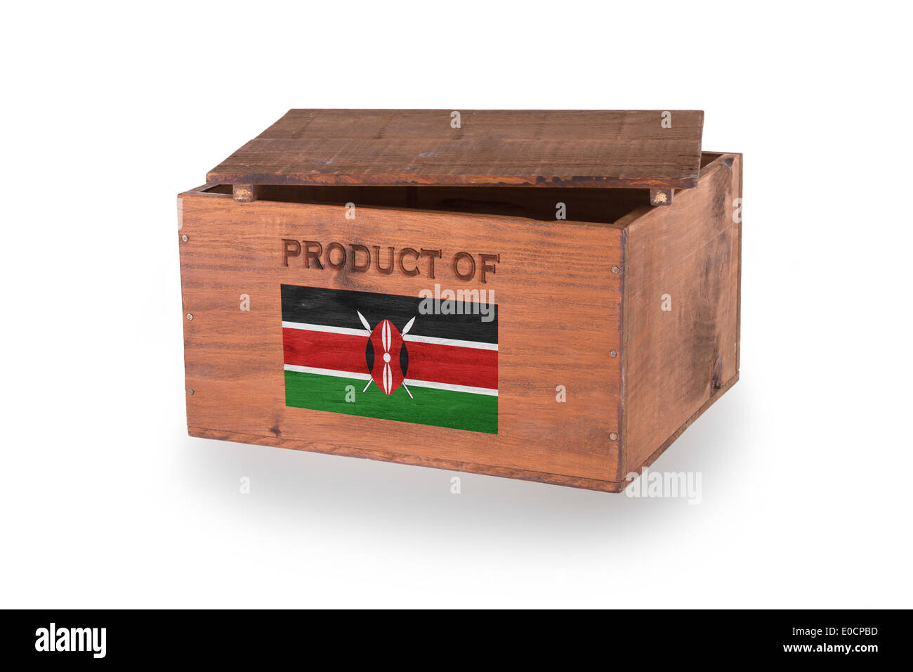 Wooden crate isolated on a white background product of Kenya Stock