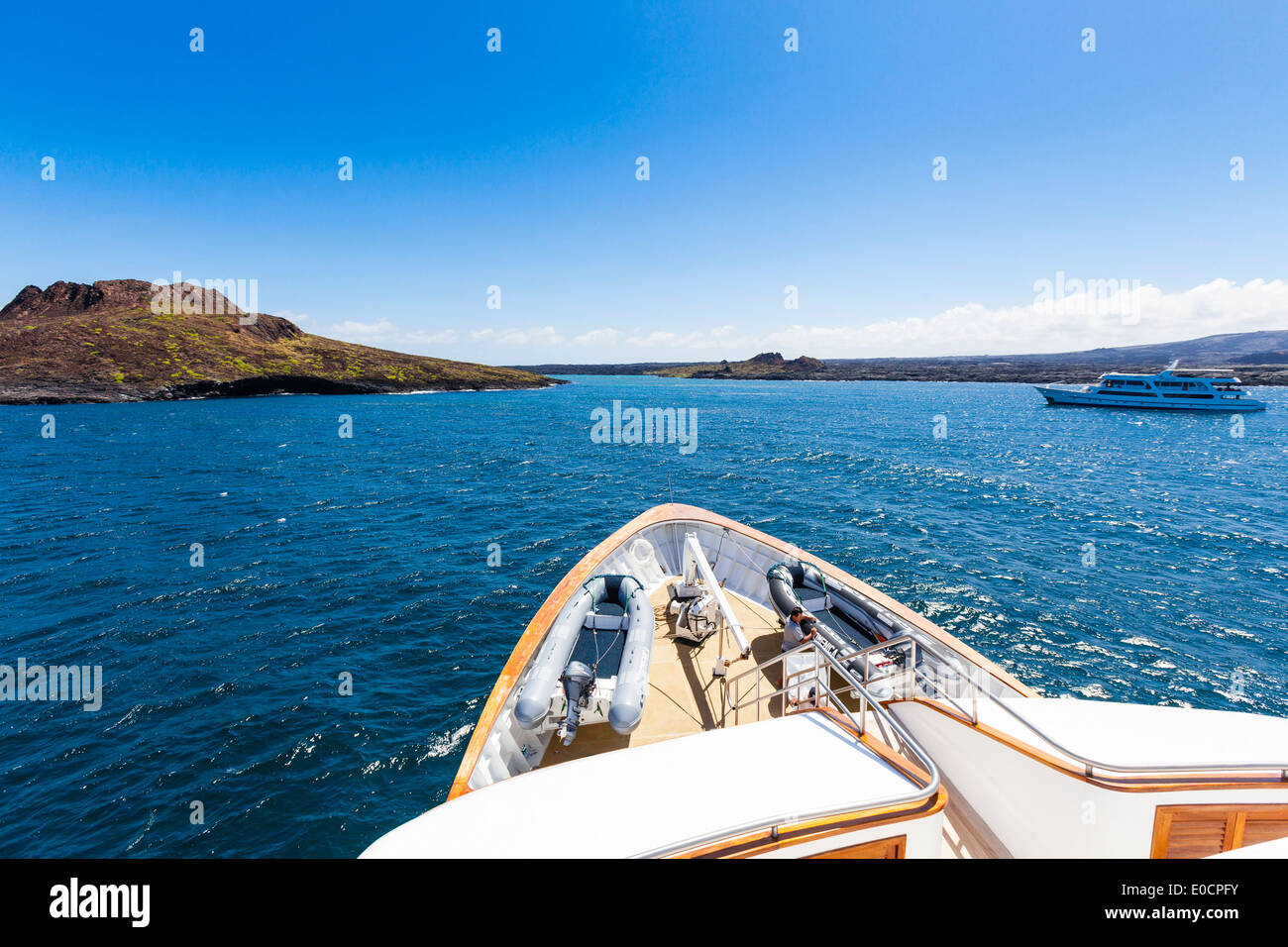 The islands Sombrero Chino (chinese hat) and Isla Santiago seen from a ship, Galapagos, Ecuador, South America Stock Photo