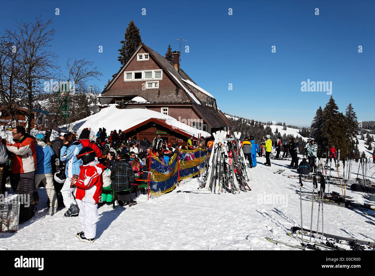People in front of ski hut Hexenhuesli, Grafenmatt, Feldberg ...