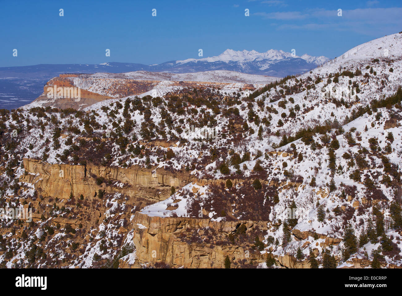 Prater Ridge and San Juan Mountains in spring, Montezuma Valley, Mesa Verde National Park, Colorado, USA, America Stock Photo