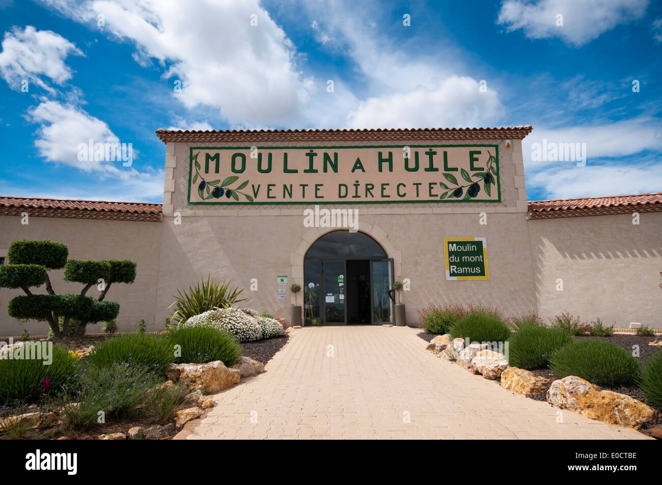 Moulin du Mont Ramus Olive Oil producers and sellers in Bessan, Languedoc, southern France. Stock Photo