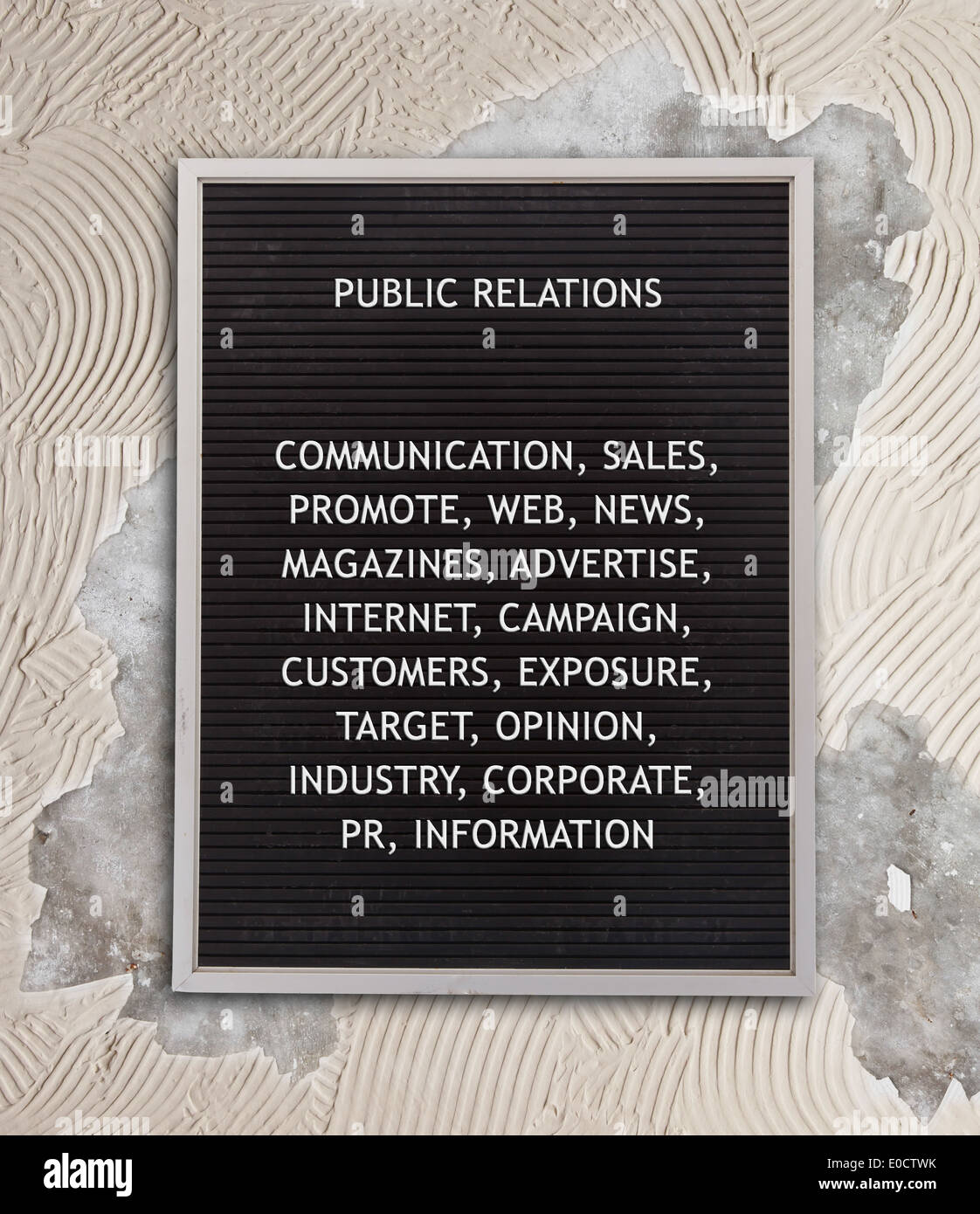 Public relations concept in plastic letters on very old menu board