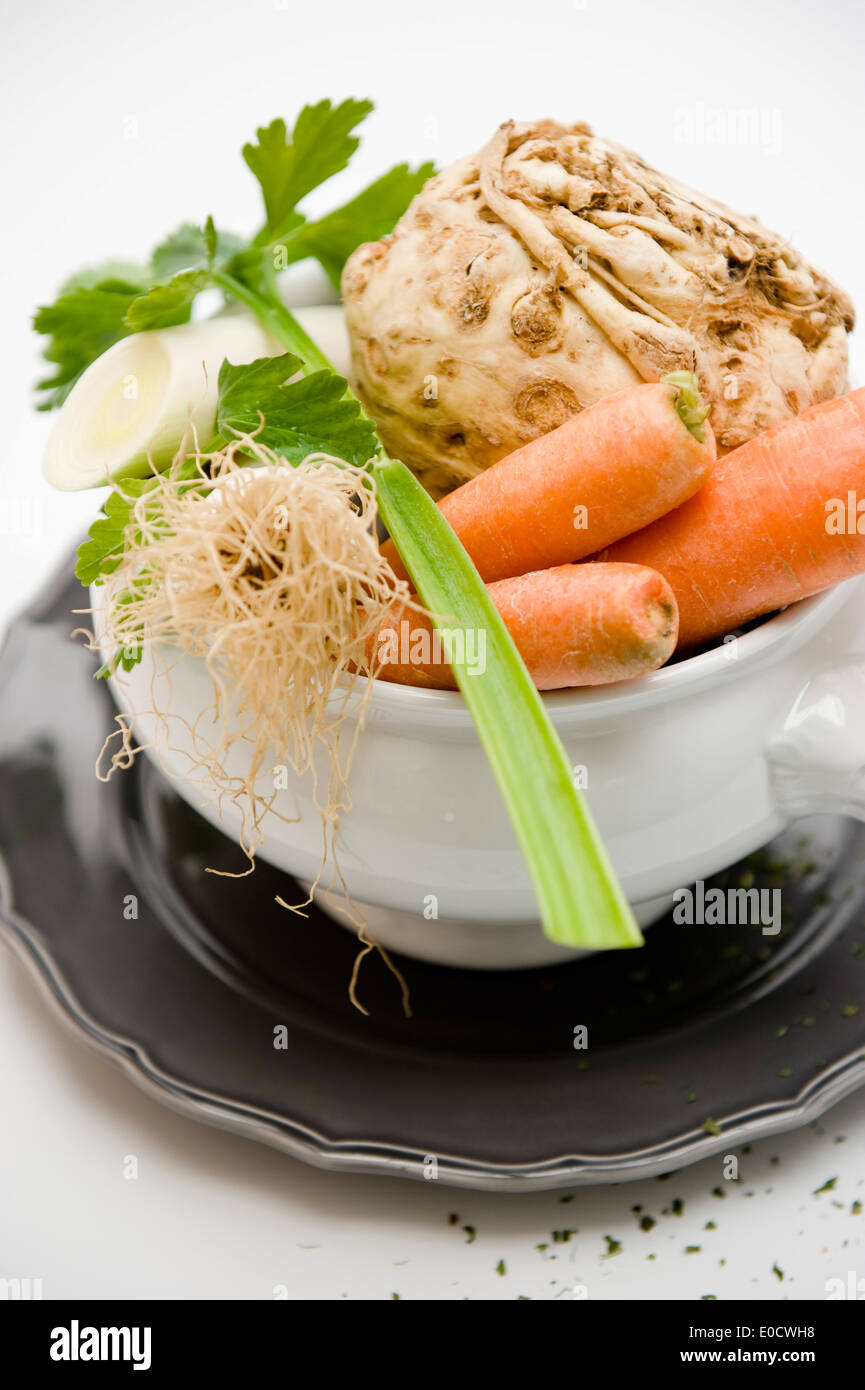 Bowl of vegetable soup with carrots, celeriac, leek and parsley, Homemade, Bavaria, Germany Stock Photo