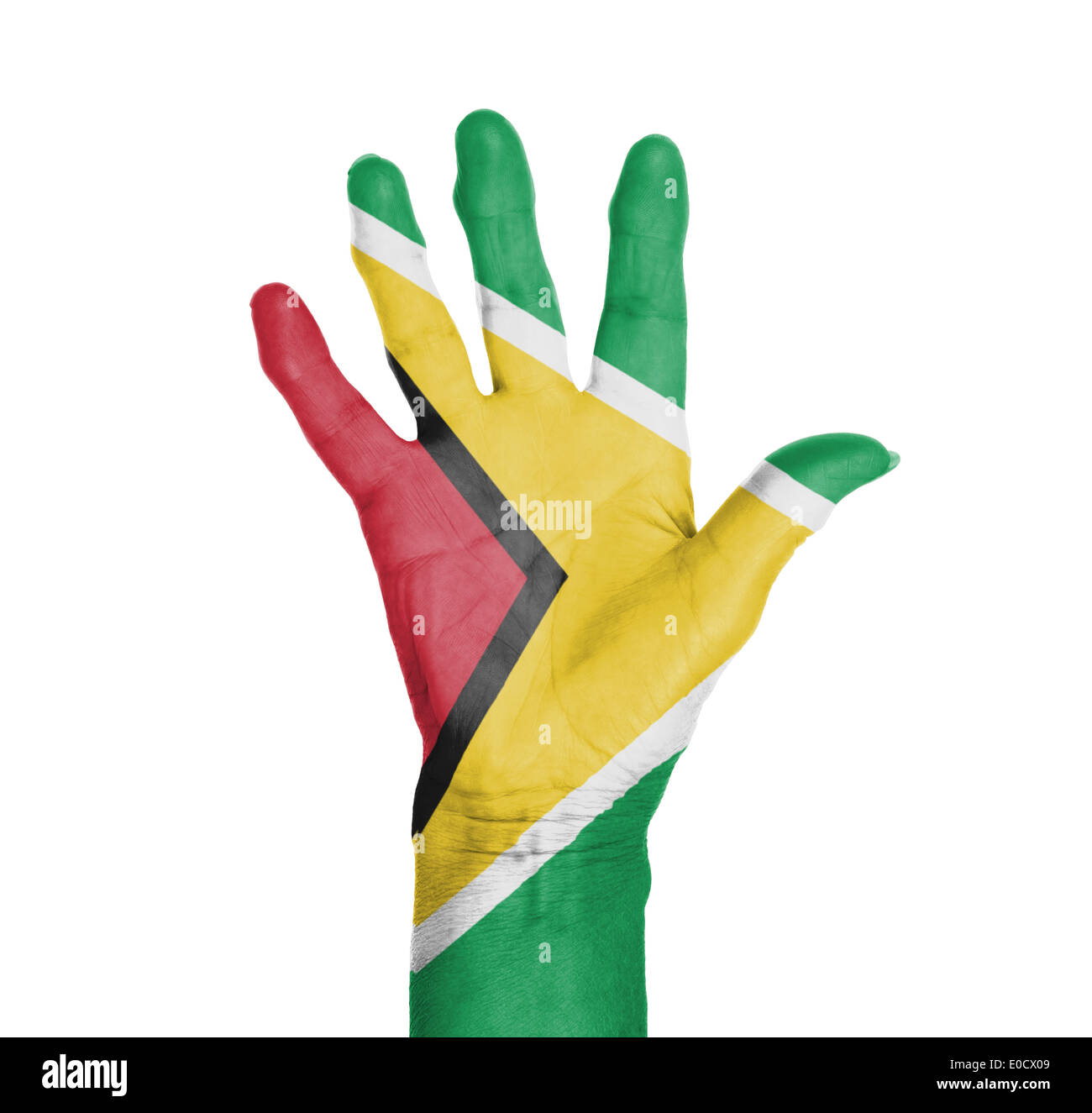 Palm of a woman hand  painted with flag of Guyana Stock Photo