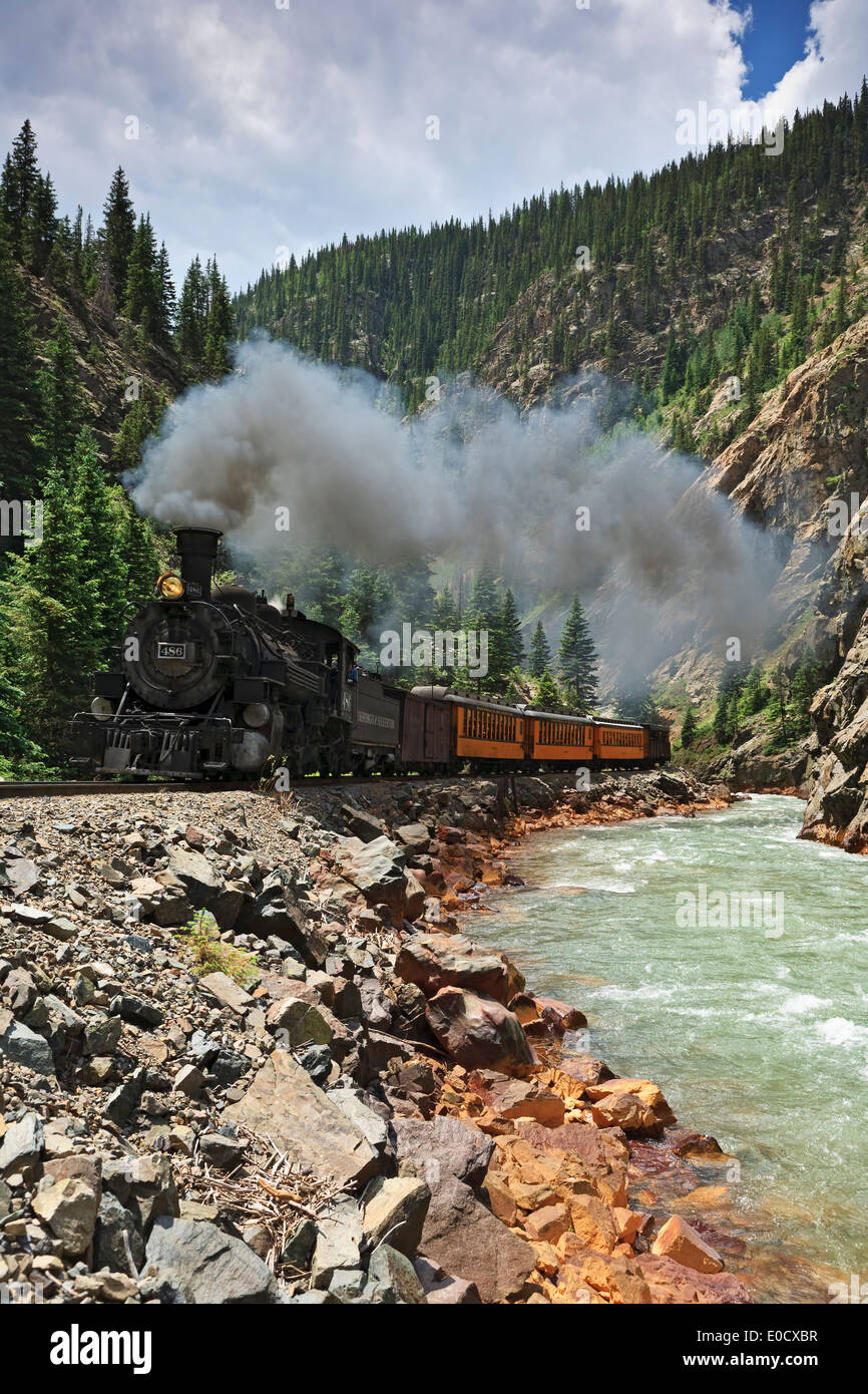 Durango and Silverton Narrow Gauge Railroad and Animas River, Colorado USA Stock Photo