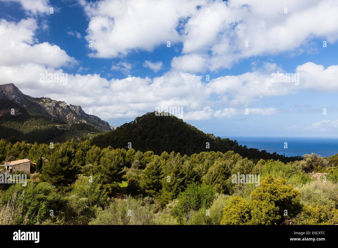 House in coast mountains near Mediterranean Sea, Estellencs, Mallorca, Spain Stock Photo
