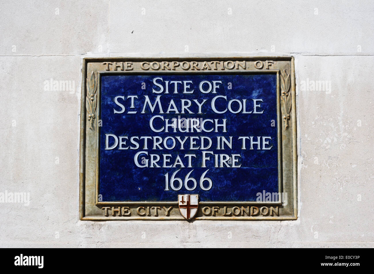 Blue commemorative plaque of St Mary Cole Church, London, England, United Kingdom. Stock Photo