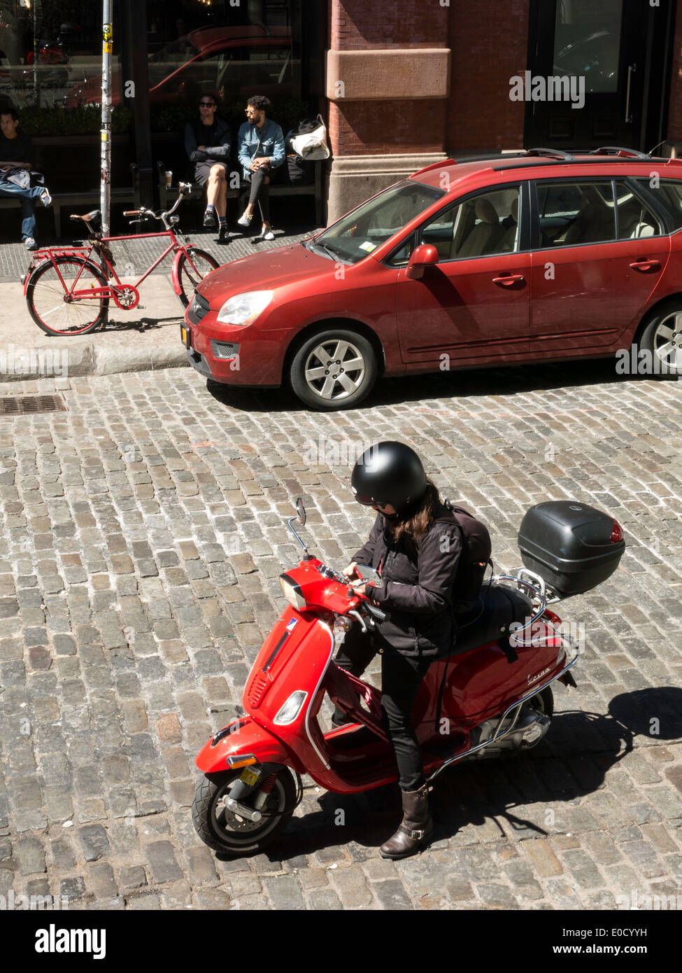 Street Scene with Red Motor Scooter, Cobblestone Street, SoHo, NYC, USA