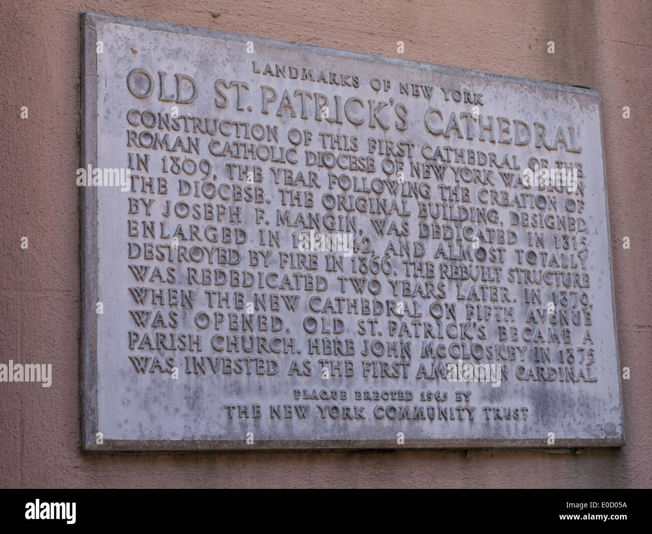 NYC Landmark Plaque, St Patrick's Old Cathedral, Nolita, NYC, USA Stock Photo