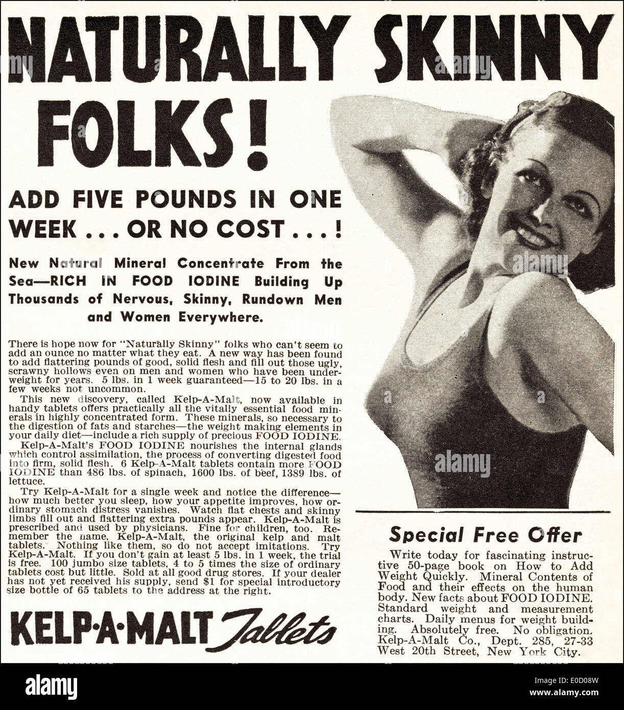 Advertisement for Kelp-A-Malt weight gain tablets in American magazine dated December 1934 Stock Photo