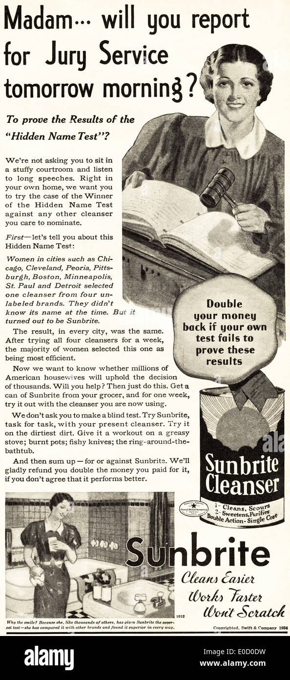 Advertisement for SUNBRITE CLEANSER in American magazine dated December 1934 Stock Photo