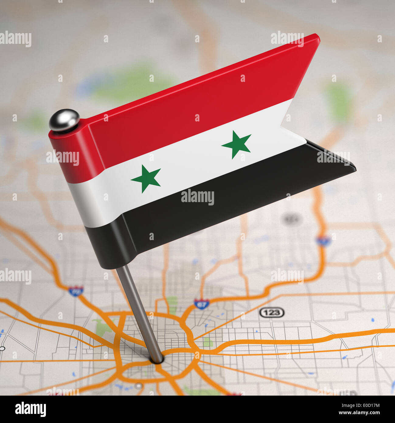 Syria Small Flag on a Map Background. Stock Photo