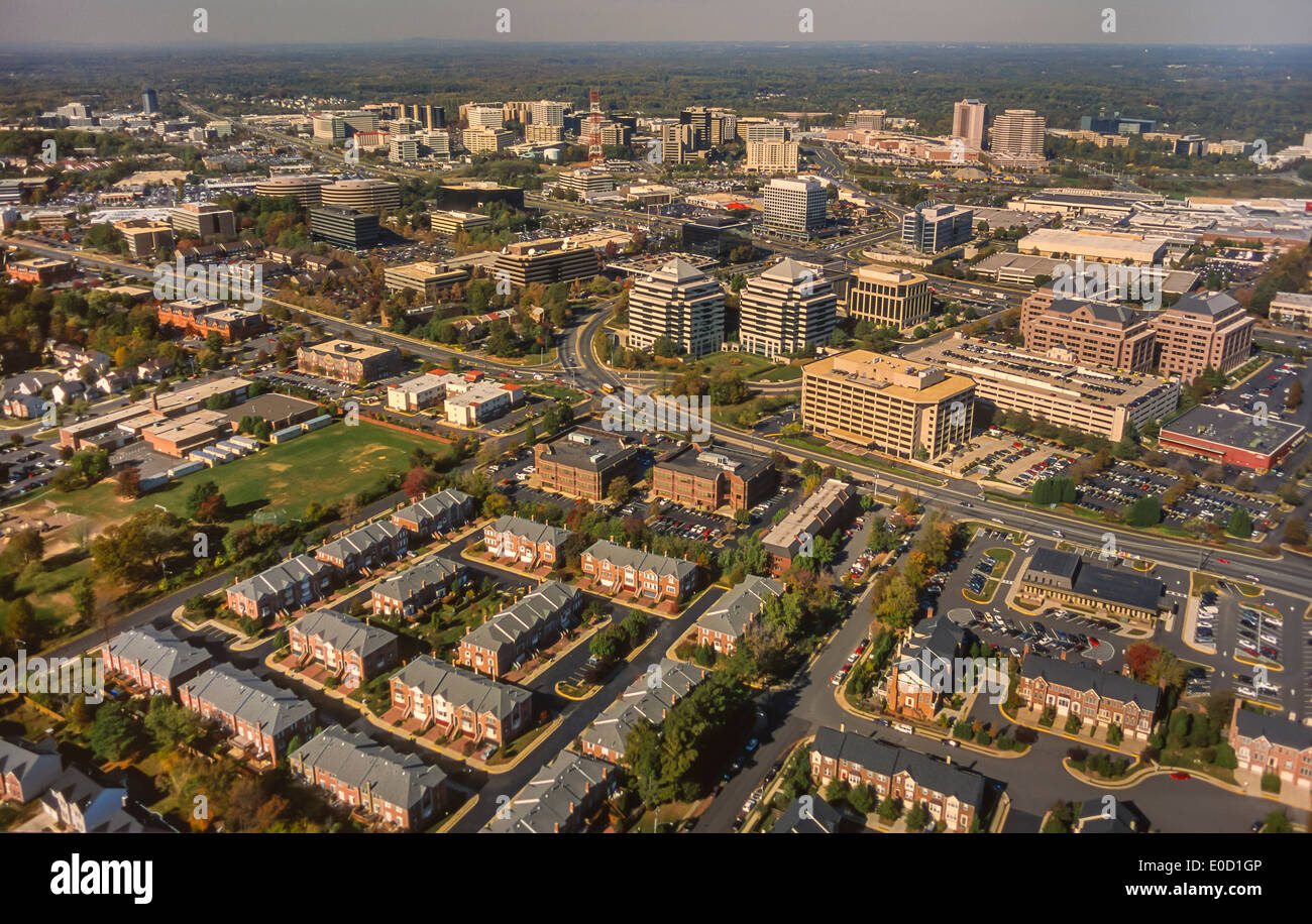 TYSONS CORNER, VIRGINIA, USA - Aerial of "edge city" combining commerce 
