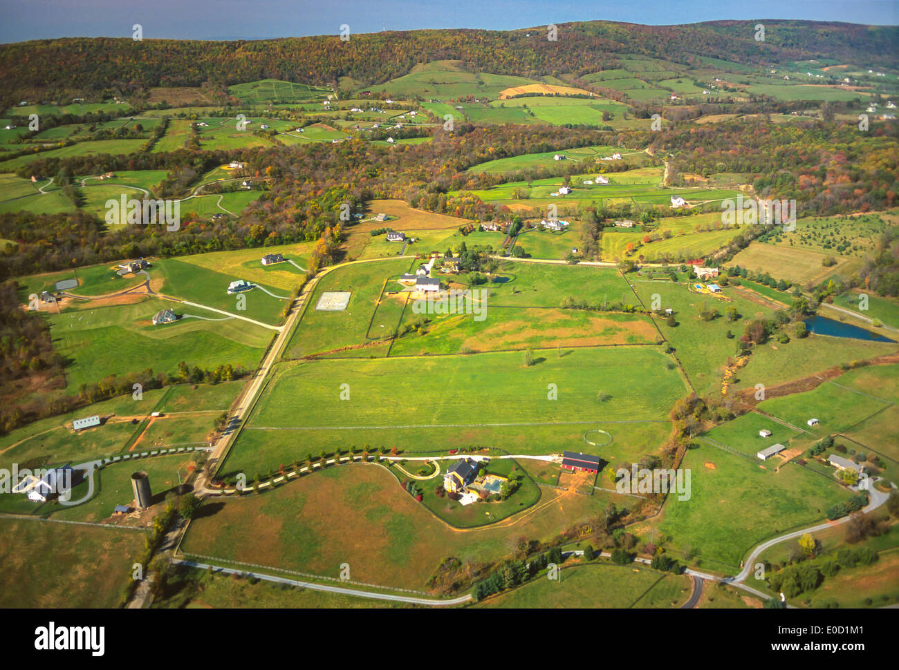 LOUDOUN COUNTY, VIRGINIA, USA - Aerial of homes and Blue Ridge Mountains. Stock Photo