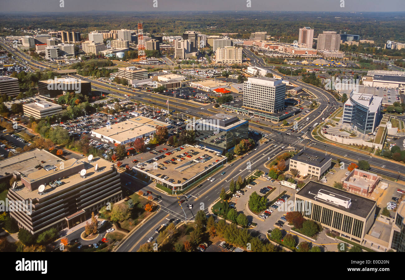 TYSONS CORNER, VIRGINIA, USA - Aerial of 'edge city' combining commerce and residential, Fairfax County. Stock Photo