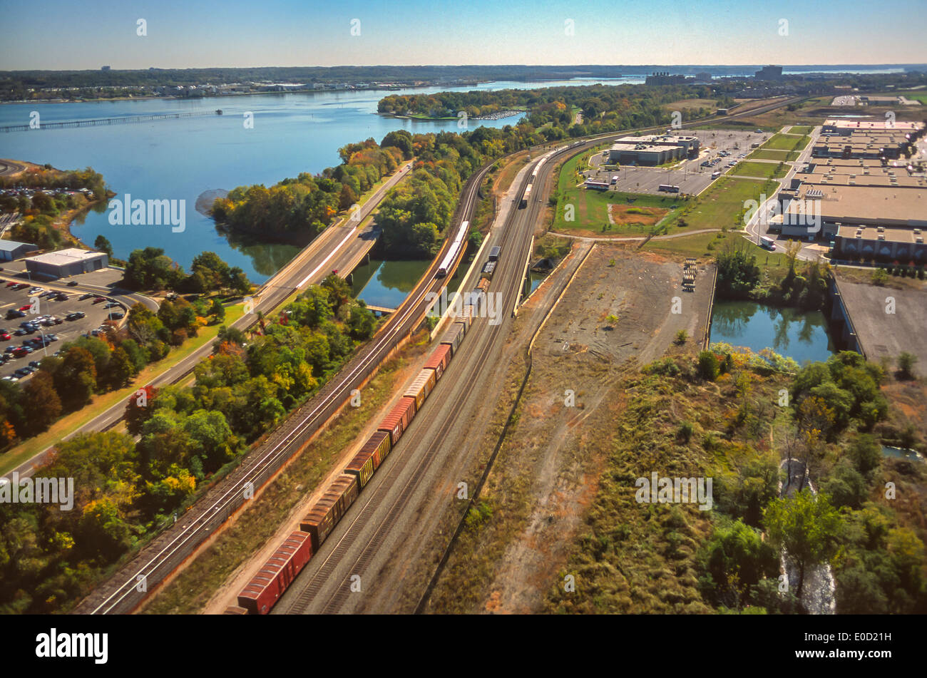 ARLINGTON, VIRGINIA, USA - Aerial north end of Potomac Yard, railroad tracks, south of National Airport, on Potomac River. Stock Photo