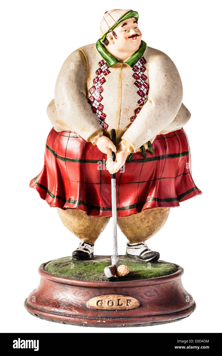 a statuette of a fat man playing golf isolated over a white background Stock Photo