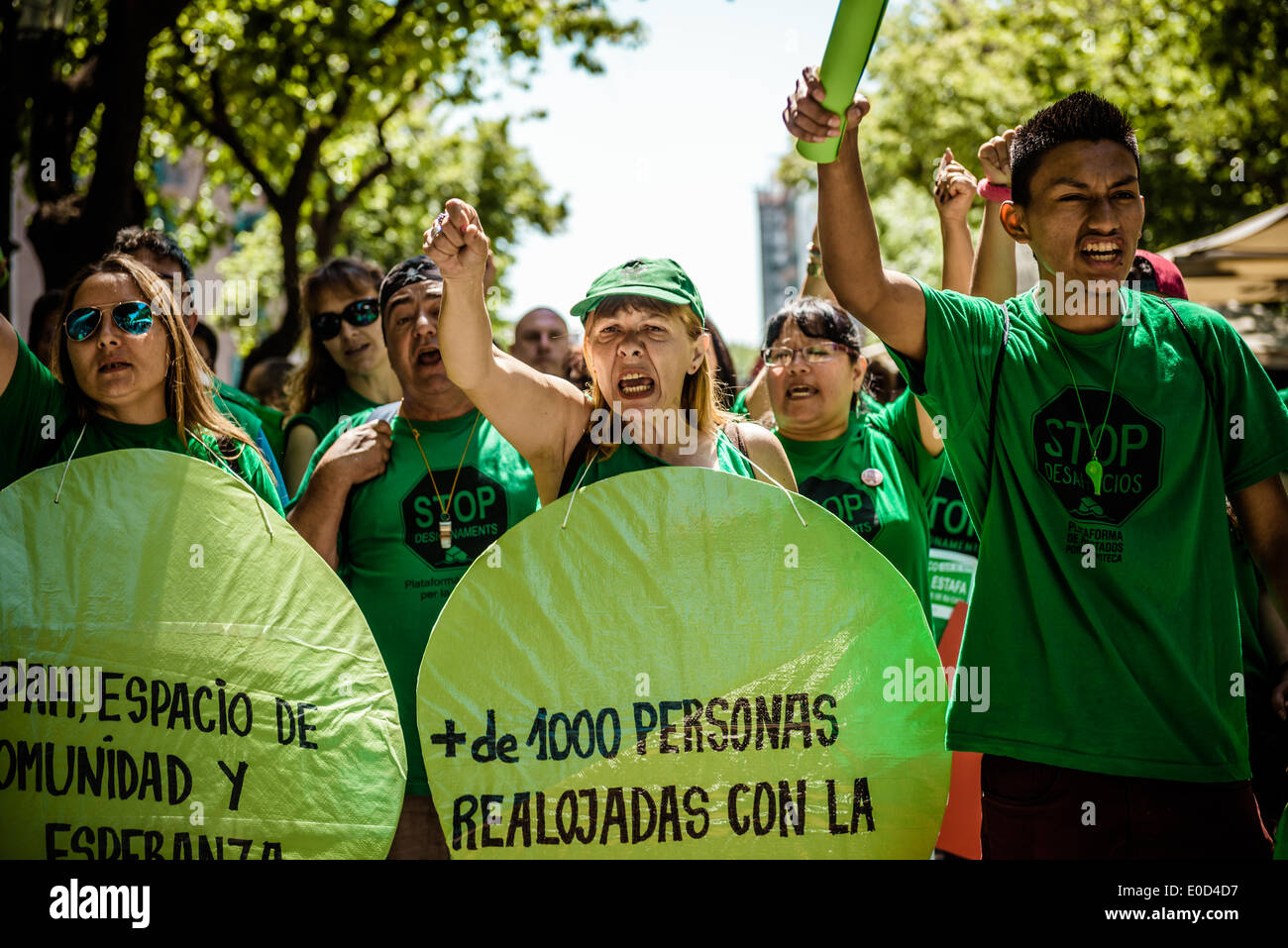 Barcelona, Spain. May 9th, 2014: Activists of the anti-eviction group 'PAH', the Platform of People Affected by Mortgages, shout slogans during a protest march through Barcelona Credit:  matthi/Alamy Live News Stock Photo