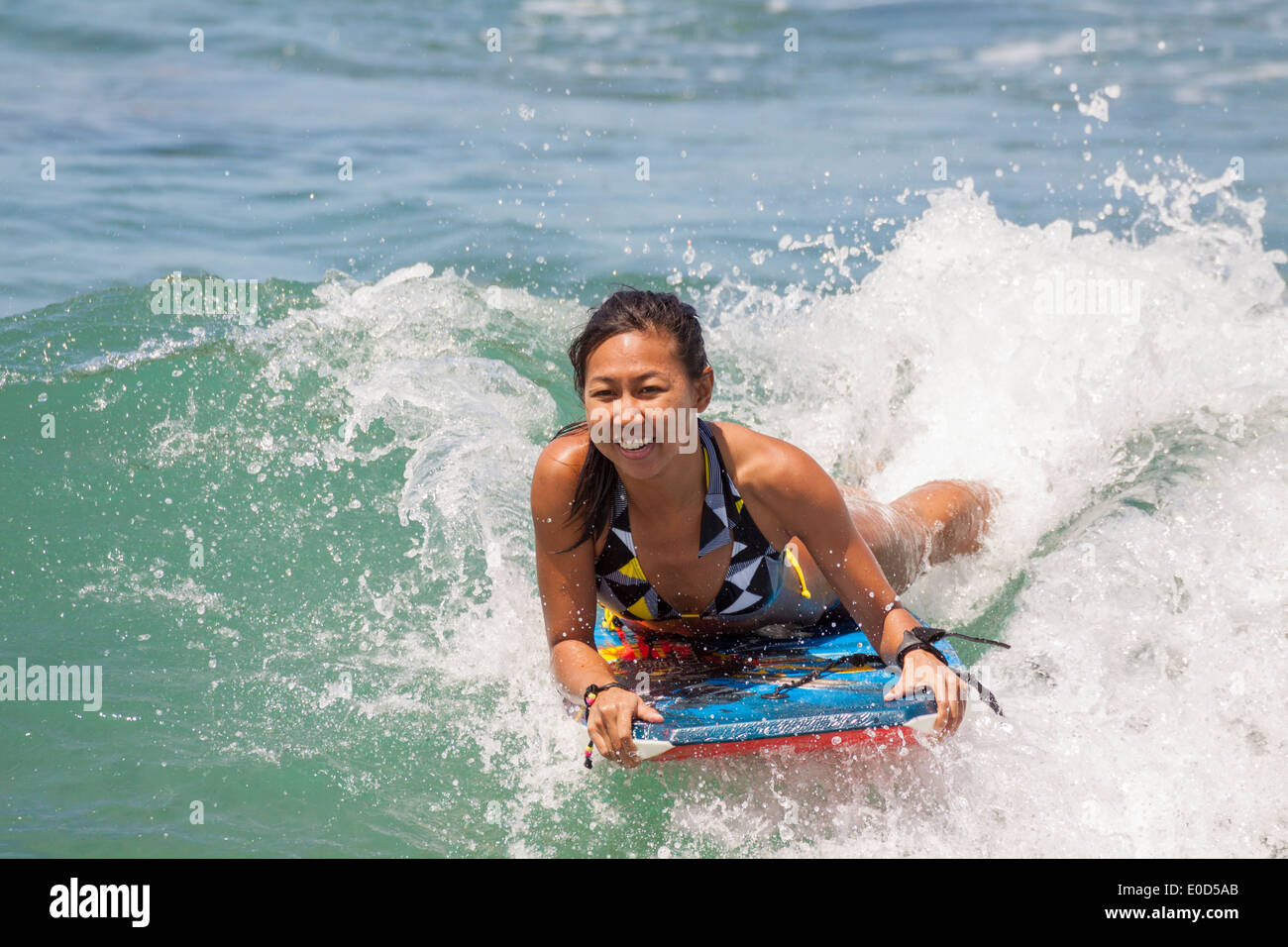 Boogie boarder riding a wave off Kapahulu Groin-Waikiki, Oahu, USA