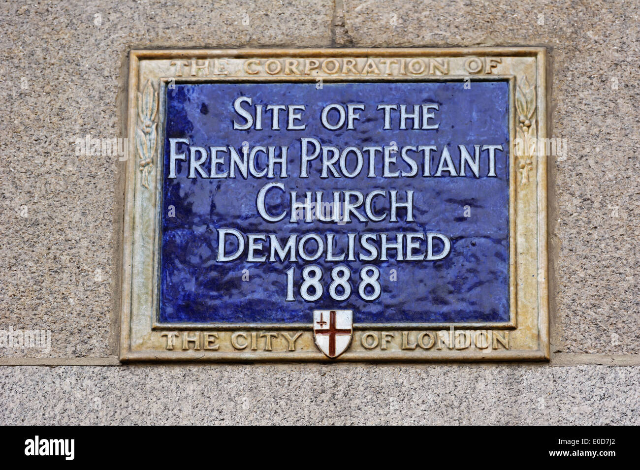 Blue commemorative plaque of a French Protestant Church, London, England, United Kingdom. Stock Photo