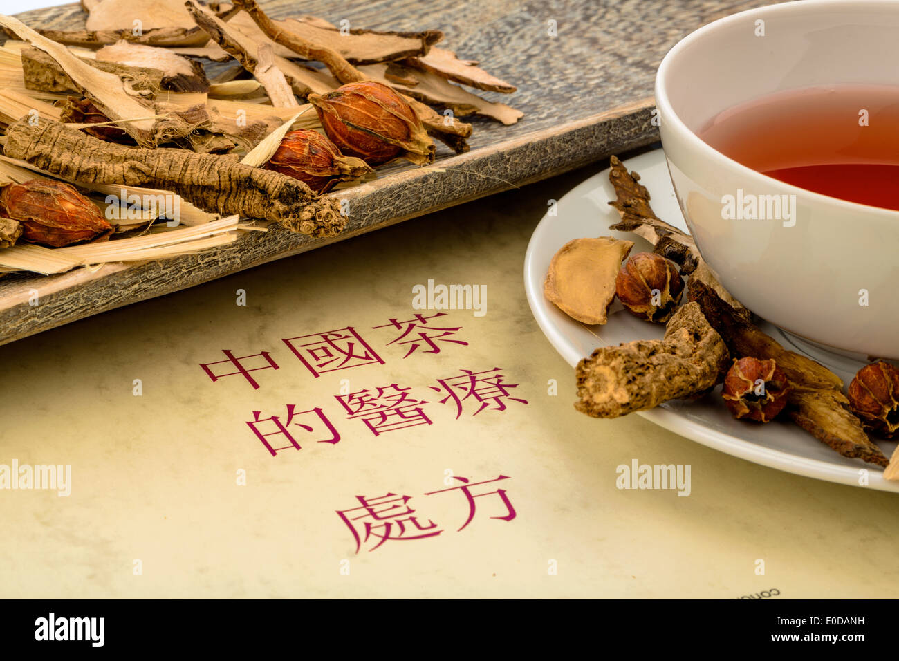 Ingredients for a tea in the traditional Chinese medicine. Healing of illnesses by alternative methods., Zutaten fuer einen Tee Stock Photo