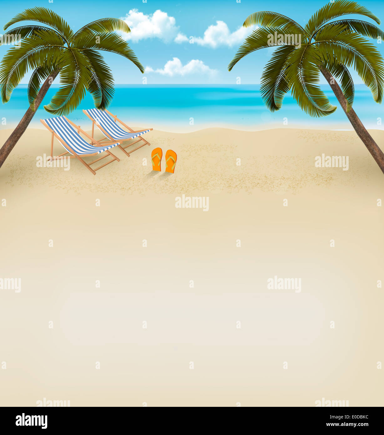 Vacation background. Beach with palm trees and flip flops. Vector Stock