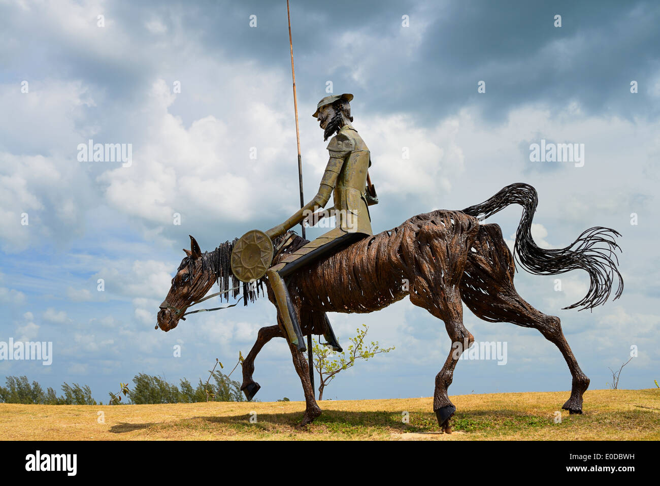 Steel sculpture of Don Quixote on horseback in Varadero Cuba under cloudy sky Stock Photo