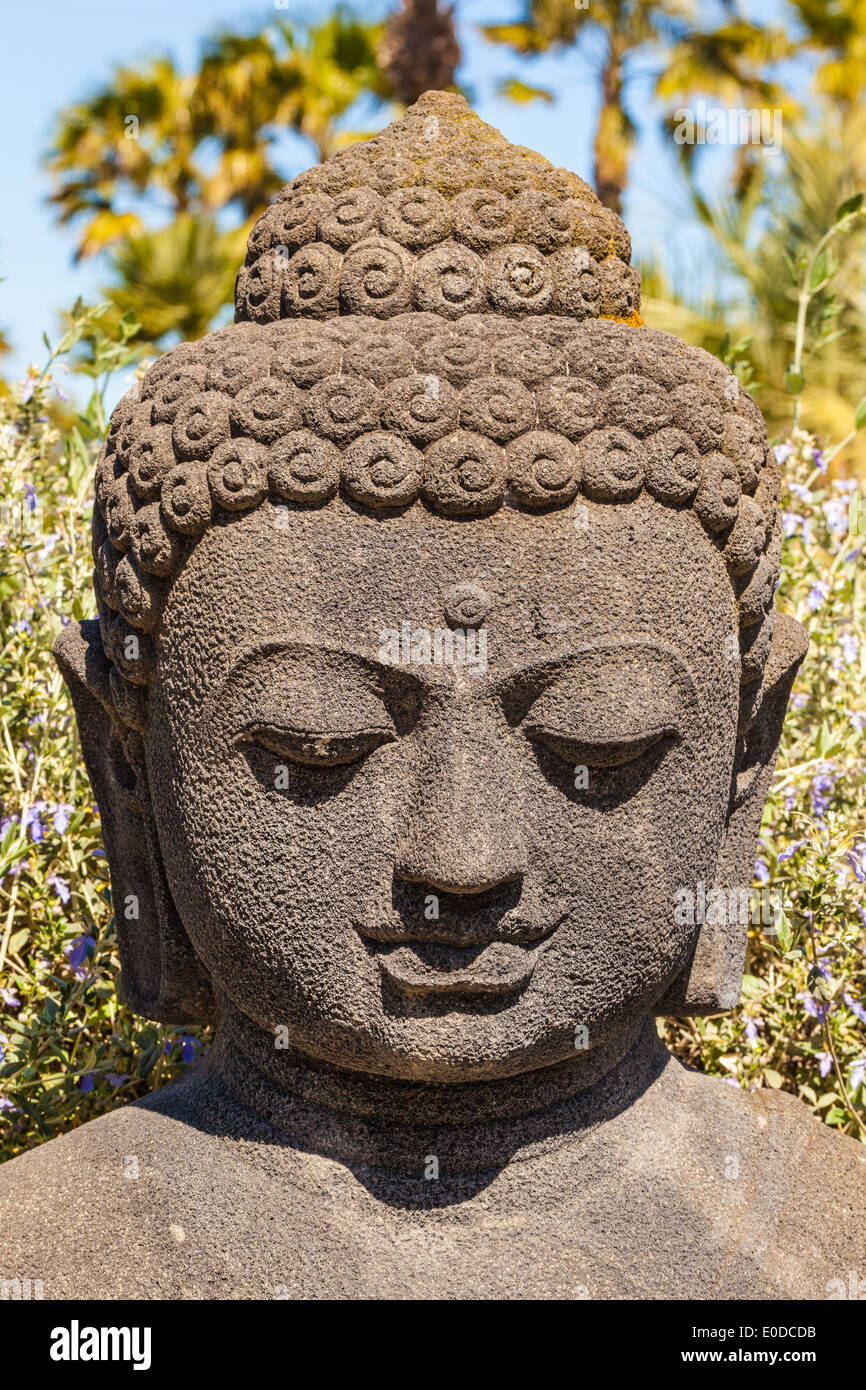 close up shot of the head of a Buddhist statue in an ornamental garden Stock Photo