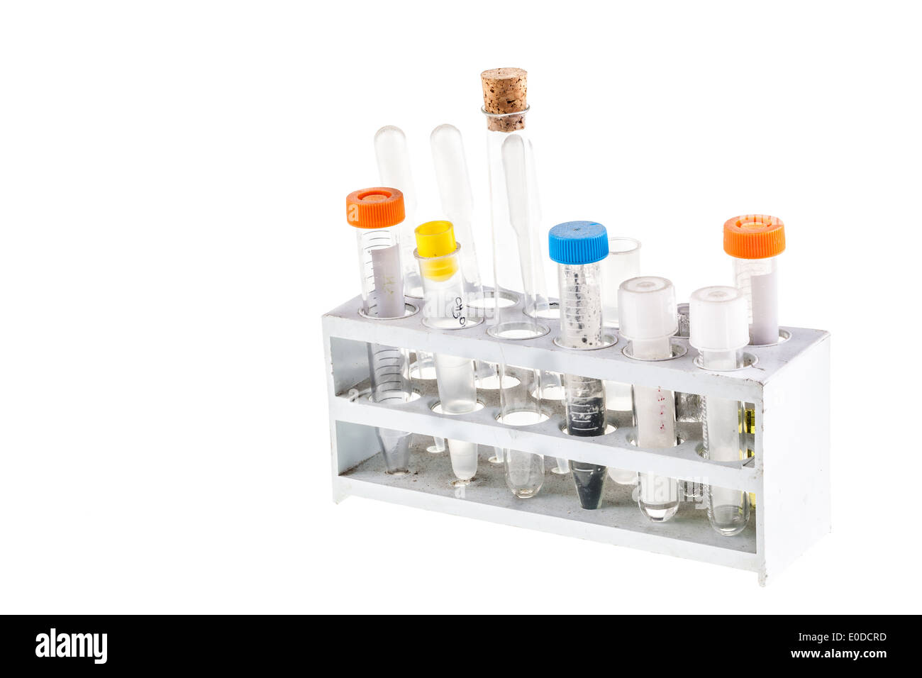 dirty test tubes in a rack isolated over a white background Stock Photo