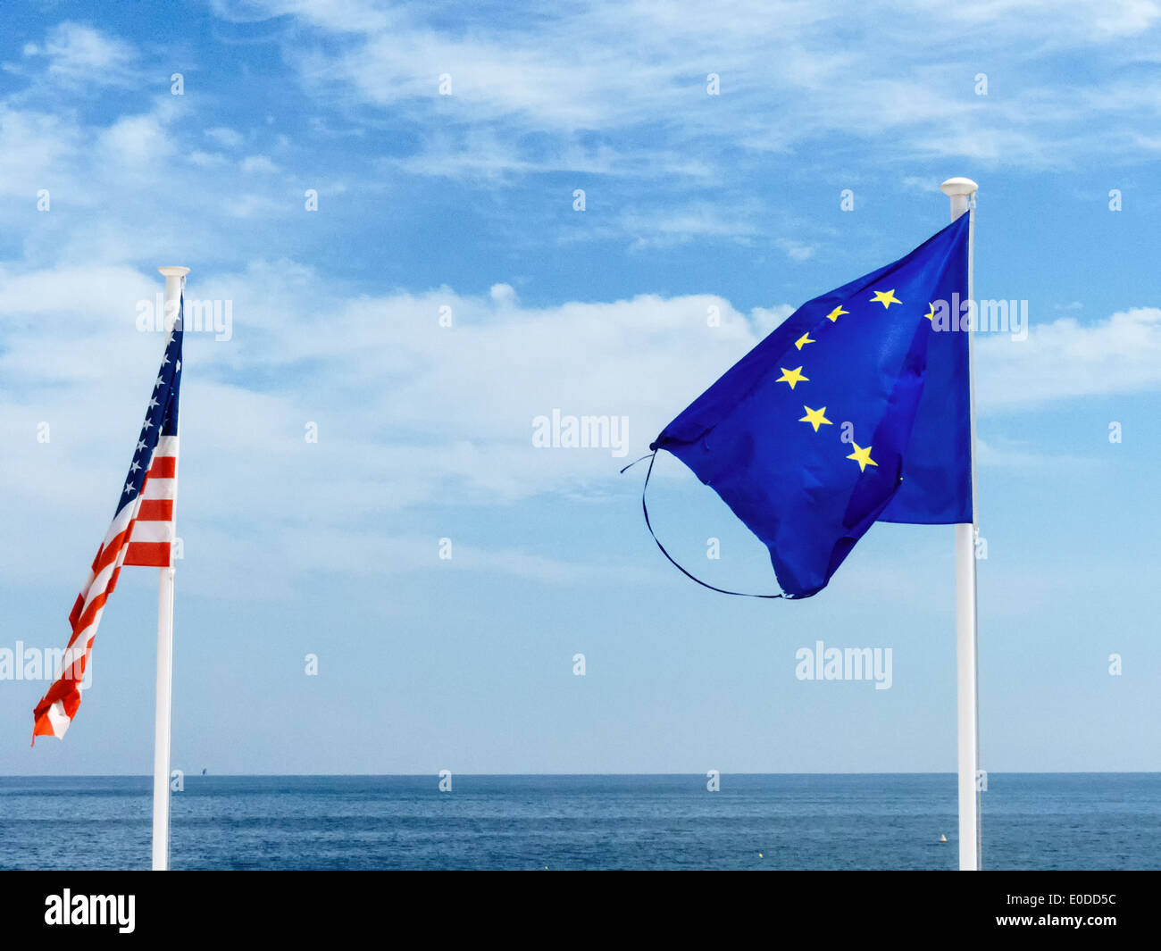 Flags of the European Union and the USA, symbolic photo for partnership, diplomacy, foreign affairs, Fahnen der Europaeischen Un Stock Photo
