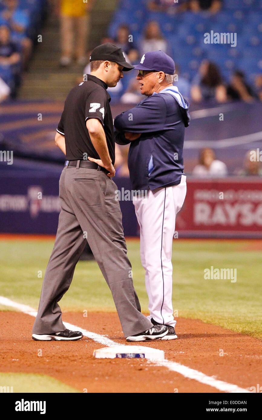 Home plate umpire Marvin Hudson warns New York Yankees manager Joe