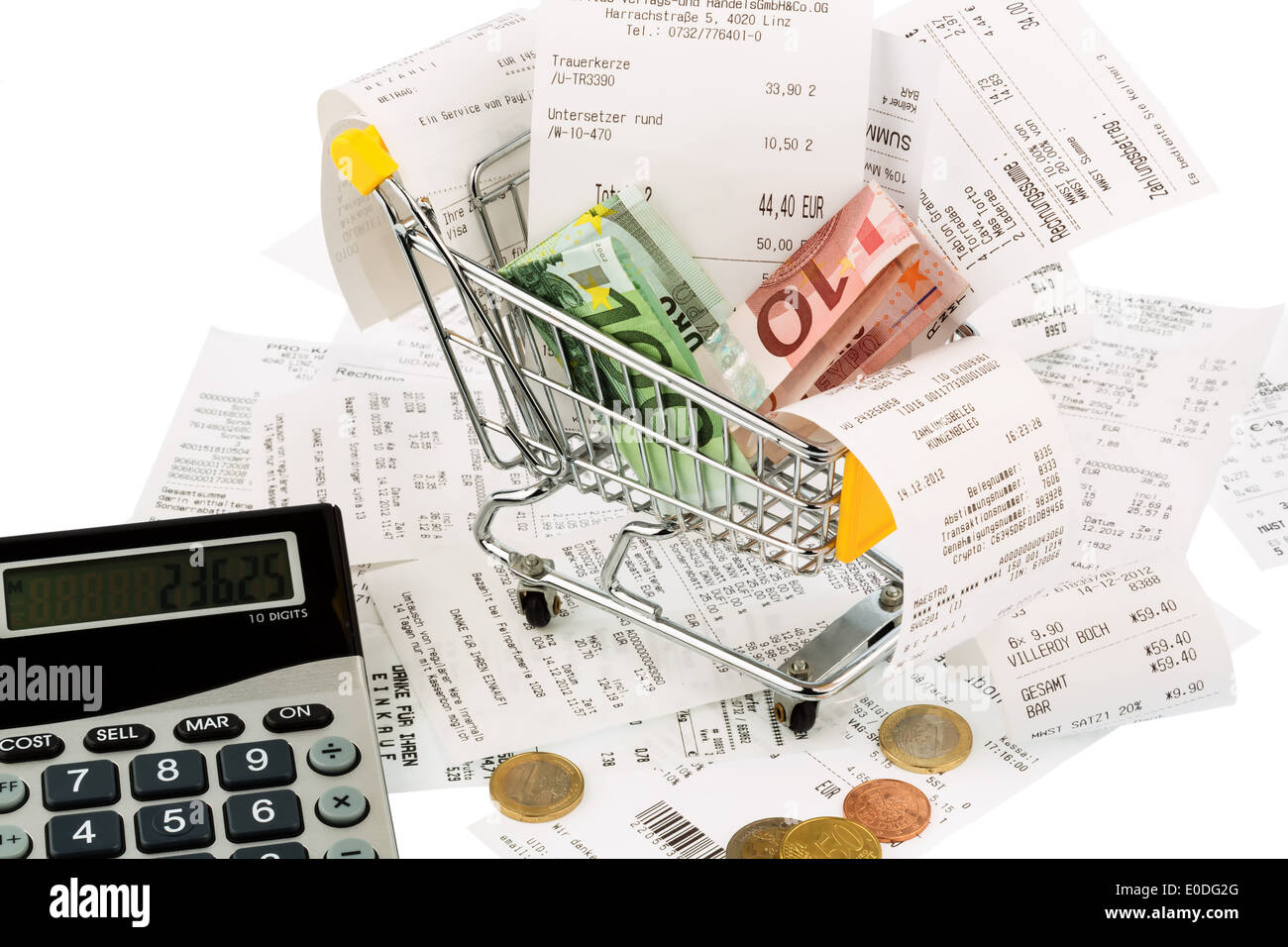 Shopping carts, bank notes and receipts, symbolic photo for buying power, consumption and inflation, Einkaufswagen, Geldscheine Stock Photo