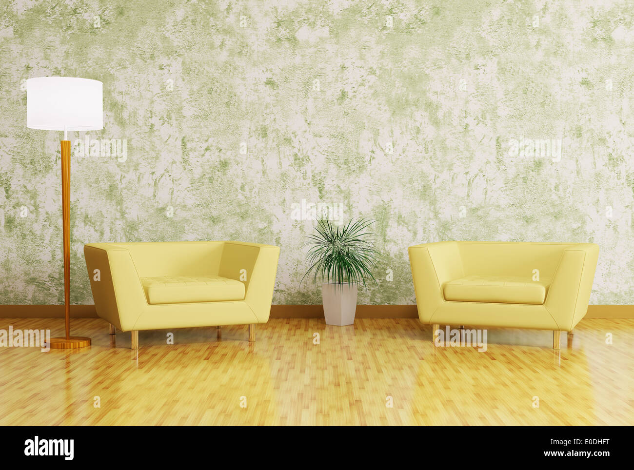 Modern interior with armchairs and floor lamp 3d render Stock Photo - Alamy