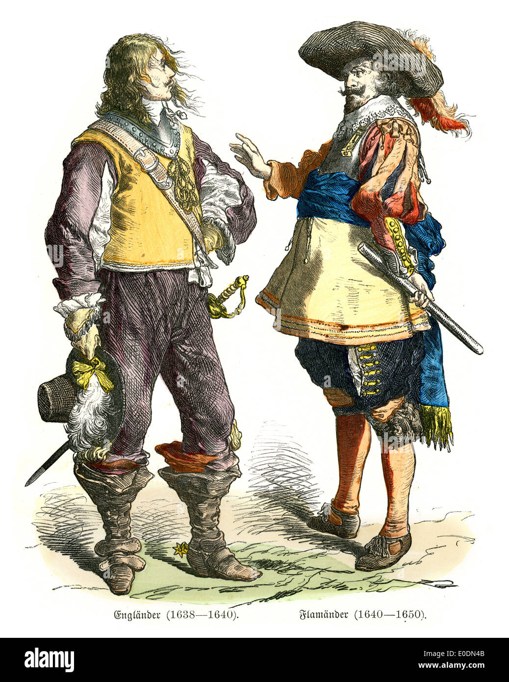 Traditional costumes of the 17th Century, Englishman and a Flemish man Stock Photo